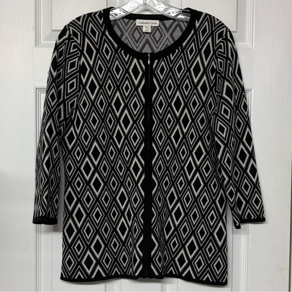 Coldwater Creek Sweaters - Coldwater Creek Merino Wool Blend Zip Front Cardigan Black & Cream Sz M